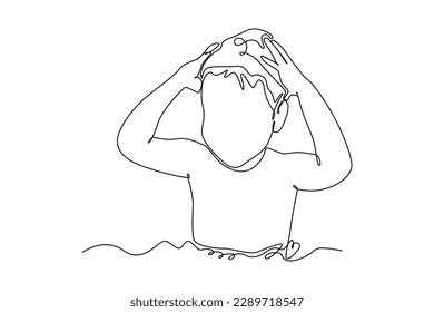 Single one line drawing happy boy washing his hair. Bathroom activities concept. Continuous line draw design graphic vector illustration.