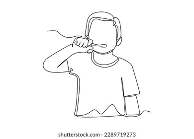 Einzelne Linie ziehen glücklicher Junge, der sich die Zähne putzt. Das Konzept der Bademäntel. Grafische Vektorgrafik für kontinuierliche Zeilenzeichnung.