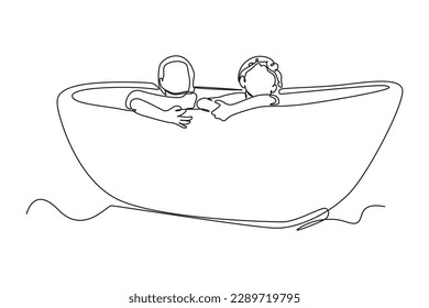 Single one line drawing happy children soaking in large bathtub. Bathroom activities concept. Continuous line draw design graphic vector illustration.