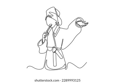 Single one line drawing happy girl wear bathing suits. Bathroom activities concept. Continuous line draw design graphic vector illustration.