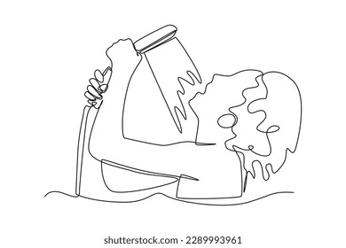 Single one line drawing happy girl playing shower while taking a bath. Bathroom activities concept. Continuous line draw design graphic vector illustration.