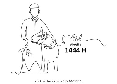 Single one line drawing happy muslim boy bring a goat for sacrifice. Happy Eid Al Adha concept. Continuous line draw design graphic vector illustration.