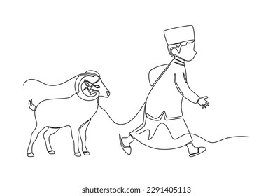 Single one line drawing happy muslim boy bring a goat for sacrifice. Happy Eid Al Adha concept. Continuous line draw design graphic vector illustration.