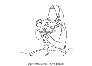 Dibujar una sola línea alegre muslimah come carne de sacrificio. Feliz concepto de Eid Al Adha. Ilustración gráfica de vector de diseño de línea continua.