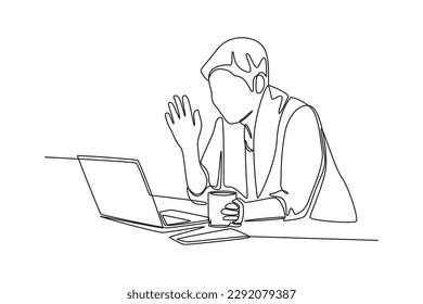 Single one line drawing happy people calling video on laptop. Social media concept. Continuous line draw design graphic vector illustration.