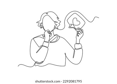 Single one line drawing happy woman holding social media love icon. Social media concept. Continuous line draw design graphic vector illustration.