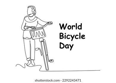 Single one line drawing happy people ride bicycle. World bicycle day concept. Continuous line draw design graphic vector illustration.