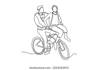 Einzel-Linie ziehen glückliche Leute Fahrrad fahren. Weltfahrradtag-Konzept. Grafische Vektorgrafik für kontinuierliche Zeilenzeichnung.