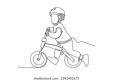 Single one line drawing happy boy riding a bike with helmet. World bicycle day concept. Continuous line draw design graphic vector illustration.