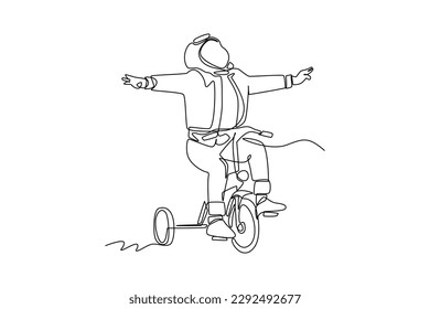 Single one line drawing happy boy riding a bike with helmet. World bicycle day concept. Continuous line draw design graphic vector illustration.