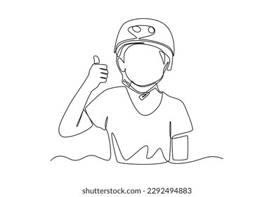 Single one line drawing happy boy using helmet bicycle. World bicycle day concept. Continuous line draw design graphic vector illustration.