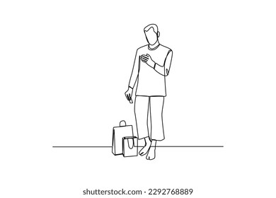 Single one line drawing happy man use online shopping services. E-commerce concept. Continuous line draw design graphic vector illustration.