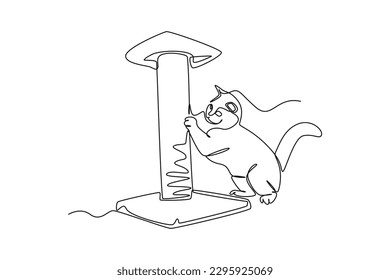 Single one line drawing happy cat playing. Urban pets concept. Continuous line draw design graphic vector illustration.
