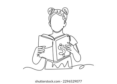Single one line drawing happy girl reading financial book. Financial literacy concept. Continuous line draw design graphic vector illustration.