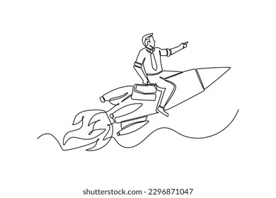 Un solo dibujo de un feliz hombre de negocios montado con cohete. Concepto de negocios exitoso. Ilustración gráfica de vector de diseño de línea continua.