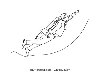 Single one line drawing happy businessman flying with rocket. Success business concept. Continuous line draw design graphic vector illustration.