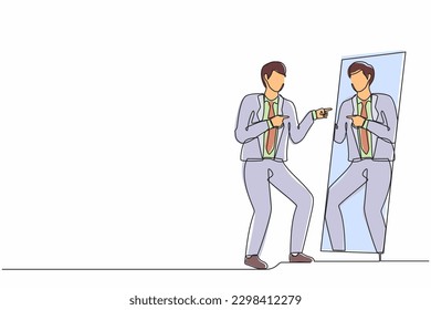 Single one line drawing happy narcissistic businessman looks at mirror. Man self reflection. Narcissism and vanity. Look selfishness, narcissistic and admiring. Continuous line design graphic vector