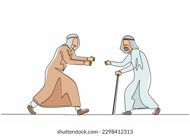 Single one line drawing happy Arab man running to meet grandfather. Vacation at grandparents home. Father, senior male, retired, summertime, holiday. Continuous line design graphic vector illustration