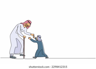 Single one line drawing happy little boy running to hug his grandfather. Arab grandson visiting grandparents. Senior man welcoming grandchild at home. Continuous line draw design vector illustration