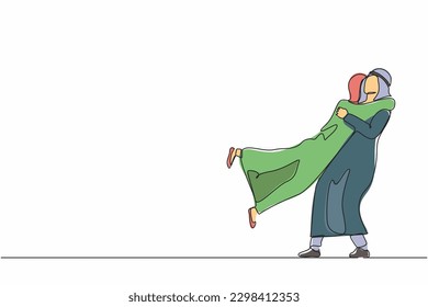 Single one line drawing happy Arabian couple hugging and encircling their lovers with arms. Cute woman jumping into man embrace. Relationship, love, dating. Continuous line draw design graphic vector