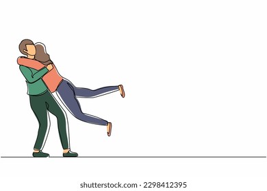 Single one line drawing happy couple hugging and encircling their lovers with arms. Cute woman jumping into man embrace. Relationship, love, dating concept. Continuous line draw design graphic vector