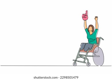 Single one line drawing happy disability young woman in wheelchair celebrating winning of football team.  soccer fan wheelchair user. Games championship. Continuous line design graphic vector