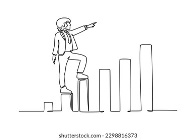 Single one line drawing happy boy rising on bar chart. Success business concept. Continuous line draw design graphic vector illustration.