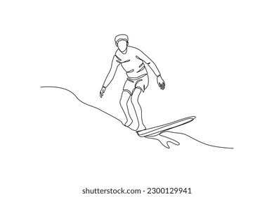 Einzelne Linie ziehen glücklichen Jungen spielen surfen am Strand im Sommerurlaub. Sommerstrand-Konzept. Grafische Vektorgrafik für kontinuierliche Zeilenzeichnung.