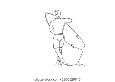 Single one line drawing happy boy playing surf on the beach in summer holiday. Summer beach concept. Continuous line draw design graphic vector illustration.