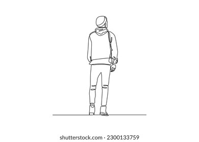 Single one line drawing happy boy with vacation costume and bag. Summer beach concept. Continuous line draw design graphic vector illustration.