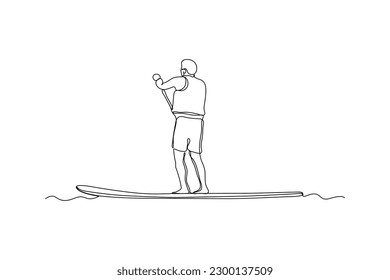 Single one line drawing happy boy paddle boarding. Summer beach concept. Continuous line draw design graphic vector illustration.