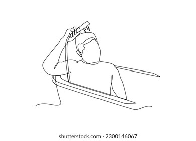 Single one line drawing happy boy is taking a bath. Bathroom activity concept. Continuous line draw design graphic vector illustration.