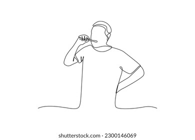 Single one line drawing happy boy is taking a bath. Bathroom activity concept. Continuous line draw design graphic vector illustration.