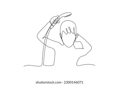 Single one line drawing happy boy is taking a bath. Bathroom activity concept. Continuous line draw design graphic vector illustration.