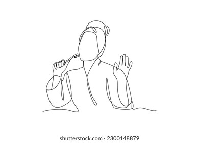Single one line drawing happy woman is taking a bath. Bathroom activity concept. Continuous line draw design graphic vector illustration.