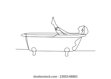 Single one line drawing happy woman is taking a bath. Bathroom activity concept. Continuous line draw design graphic vector illustration.