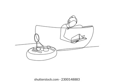 Single one line drawing happy woman is taking a bath. Bathroom activity concept. Continuous line draw design graphic vector illustration.