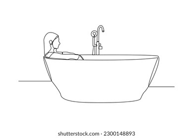 Single one line drawing happy woman is taking a bath. Bathroom activity concept. Continuous line draw design graphic vector illustration.