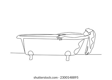 Single one line drawing happy woman is taking a bath. Bathroom activity concept. Continuous line draw design graphic vector illustration.