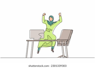 Single one line drawing happy Arab businesswoman jump with raised hands on her workplace. Female manager celebrating success of increasing company product sales. Continuous line design graphic vector