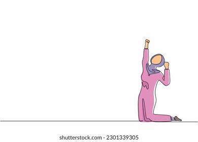 Single one line drawing happy Arab businesswoman kneeling with raised one hand high and raised the other. Saleswoman celebrates salary increase from company. Continuous line draw design graphic vector