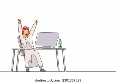 Single one line drawing happy Arab businessman sitting with raised hands on the his workplace. Office worker celebrates salary increase from company. Continuous line design graphic vector illustration