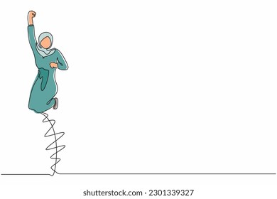 Single one line drawing happy Arab businesswoman jump with folds one leg and raises one hand. Female manager celebrating success of increasing company product sales. Continuous line draw design vector