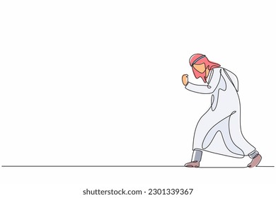 Single one line drawing happy Arab businessman bow and do gesture yes. Office worker celebrate success of company project. Successful victory. Continuous line draw design graphic vector illustration