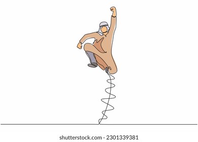 Single one line drawing happy Arab businessman jump with folds one leg and raises one hand. Male manager celebrating success of increasing company product sales. Continuous line design graphic vector