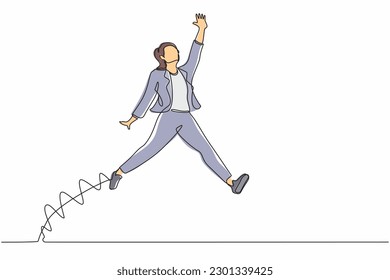 Single one line drawing happy businesswoman jumping with spreads both legs and raises one hand. Saleswoman celebrates salary increase from company. Continuous line design graphic vector illustration