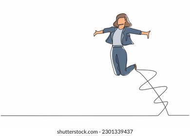 Single one line drawing happy businesswoman jump with raised his legs and spread his arms. Female manager celebrating success of increasing company's product sales. Continuous line draw design vector