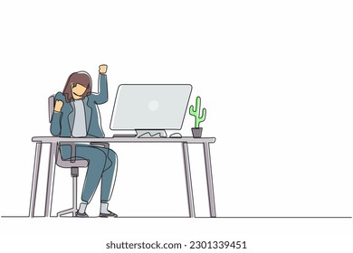 Single one line drawing happy businesswoman sitting on workplace with raised one hand high and raised the other. Worker celebrates salary increase from company. Continuous line design graphic vector