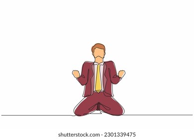 Un solo dibujo de una línea feliz hombre de negocios arrodillado con ambas manos hace gesto sí. Gerente masculino celebrando el éxito de aumentar las ventas de productos de la empresa. Vector gráfico de diseño de trazos de línea continua