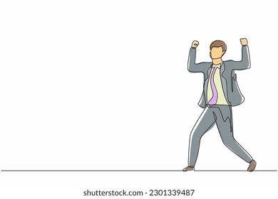 Single one line drawing happy businessman standing with raised his clenched hands. Male manager celebrating success of increasing company's product sales. Continuous line draw design graphic vector
